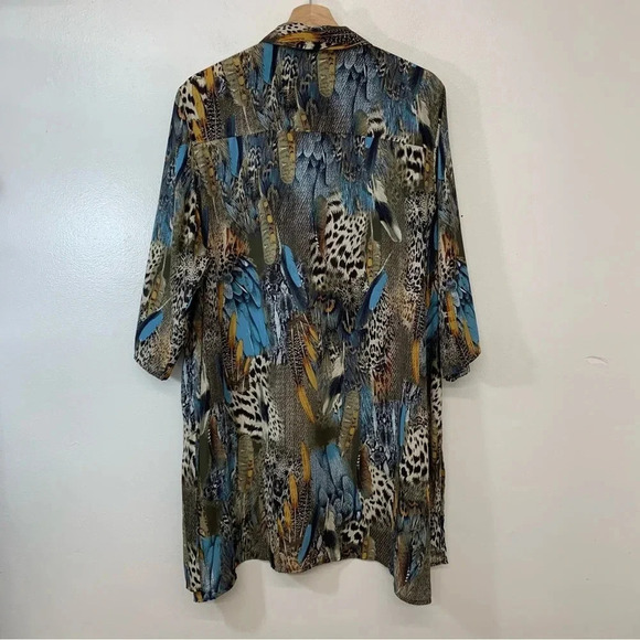 Avenue Blouse‎ Woman 18/20 Button Up Colorful Tropical Feathers Tunic Roll Tab - Picture 6 of 15